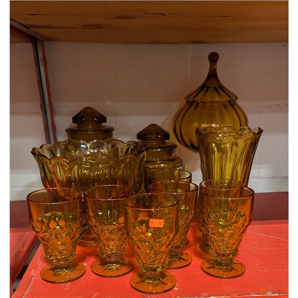 VTG Lot of Amber Glassware - Glasses, Jars, Vase & More