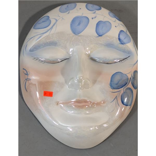 Ceramic Face Wall Mask w/ Blue Floral & Iridescent Glaze