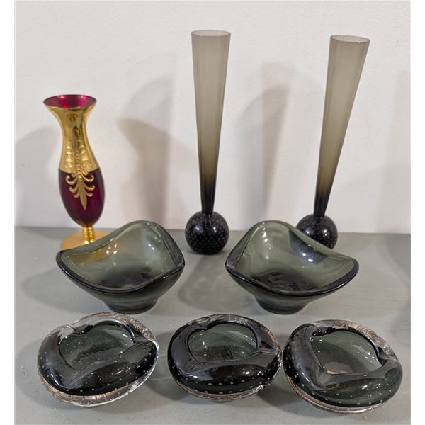 Art Glass Lot - Smoky Bowls, Bubble Bud Vases & More