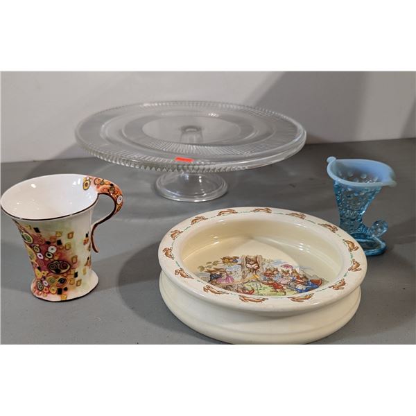 Assorted Decor Lot w/ Glass Cake Stand, Art Pottery Mug & More