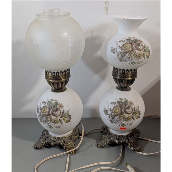 VTG Floral Milk Glass Hurricane Table Lamps - Pair