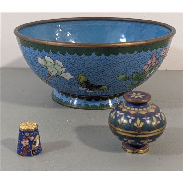 Chinese Cloisonné Enamel Lot - Floral Bowl, Trinket Box & Thimble