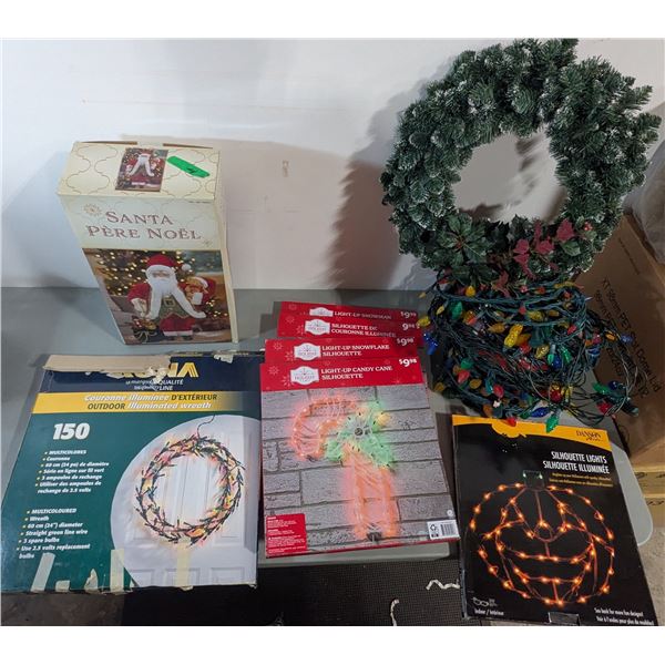 Bulk Holiday Decor Lot w/ Light up Displays, Wreath, Outdoor Lights & Pumpkin Light