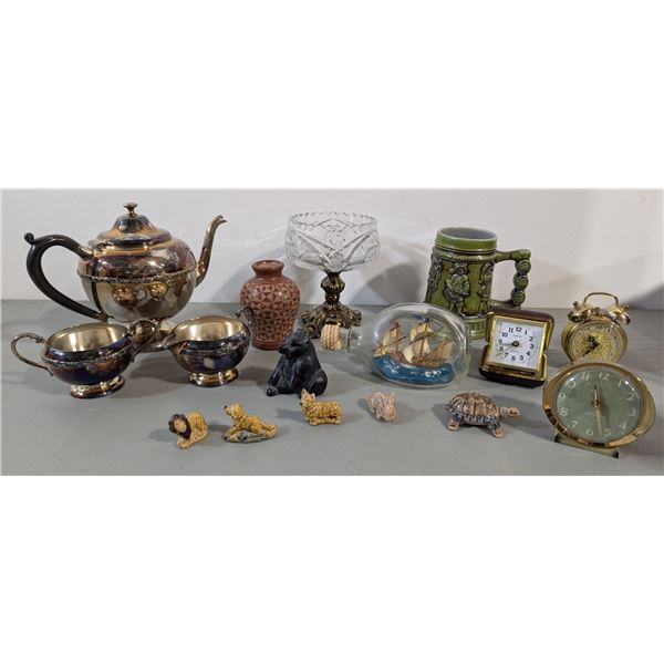 VTG Bulk Decor & Trinket Lot w/ Desk Clocks, Ship in Bottle, Tankard & More