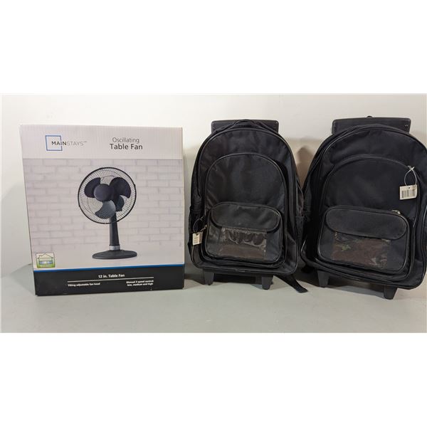 Lot of Two Backpacks w/ Wheels & Mainstays Table Fan