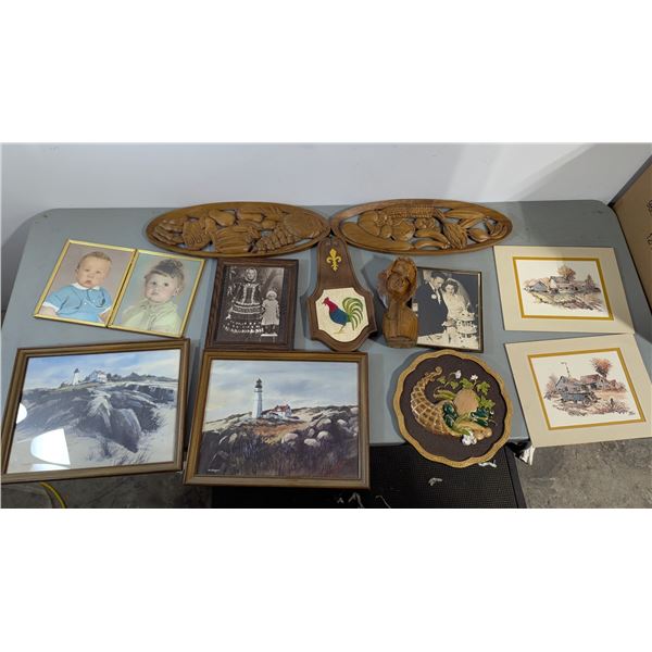 VTG Variety Lot w/ Black & White Framed Photos, Wooden Wall Plaques & More