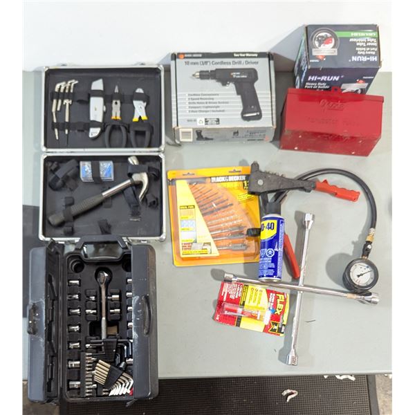Tool & Auto Repair Lot - Cordless Drill, Socket Set, Riveter, Tire Gauge & More