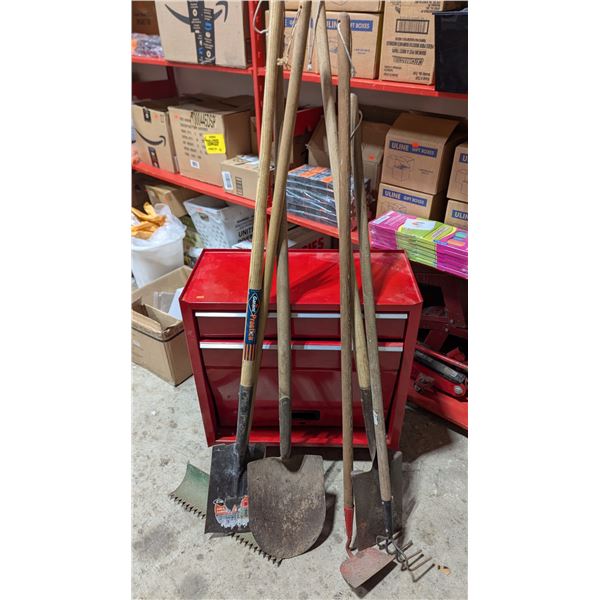 Assorted Shovels & Rakes w/ Red Rolling Tool Chest