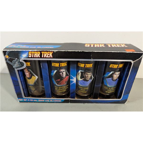 VTG Set of Four Star Treck Drinking Glasses w/ Captain Kirk, Spock, Dr. McCoy, & Montgomery Scott