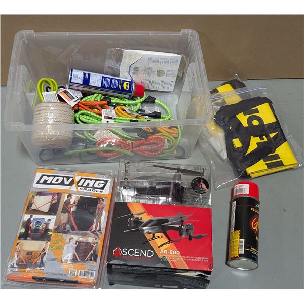 Variety Lot w/ Bungee Cords, Moving Cradel, Ascend Aeronautics Video Drone & More