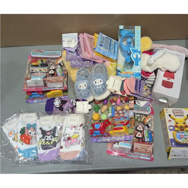 Variety Lot w/ Hello Kitty Socks, Childrens Cuisine & Grocery Toys, Pokemon Speed Push & More