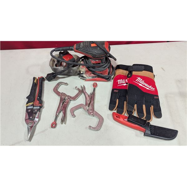 Tool Lot w/ Milwaukee Gloves & Sheet Sander, Clamps, & More