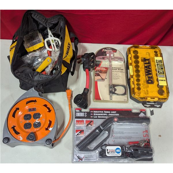 Tool Lot w/ Dewalt Tool Bag, Inductive Timing Light, Straight Edge Guide, & More