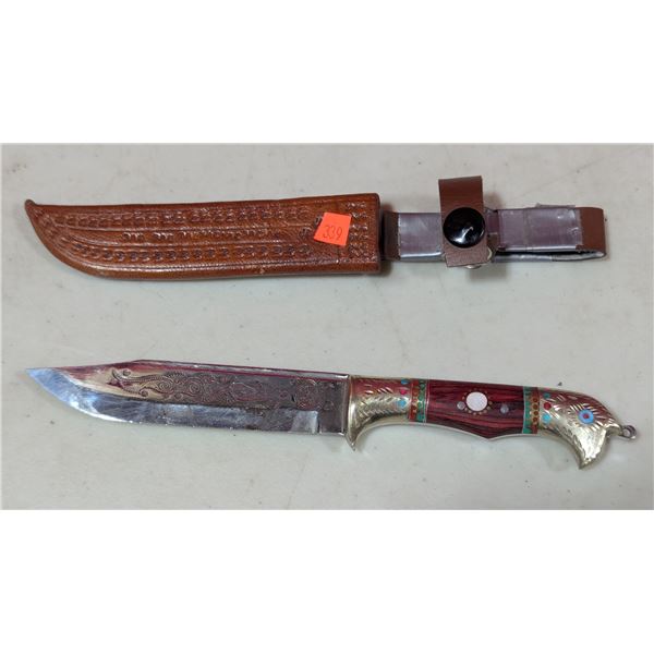Zulfikar-Marked Decorative Fixed Blade Knife w/ Inlaid Handle & Leather Sheath