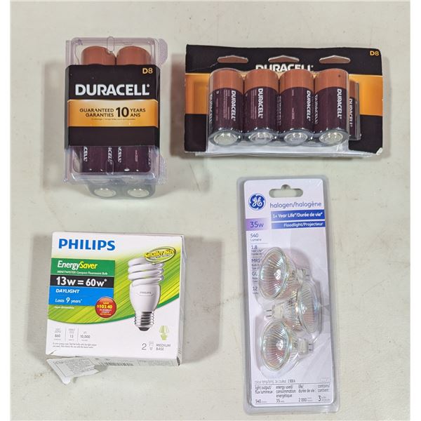 Lighting Lot - Duracell D8 Batteries, Philips Bulbs, & GE Halogen Bulbs
