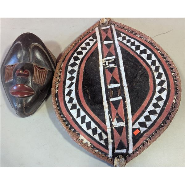 African Maasai-Style Hide Shield & Carved Wood Mask