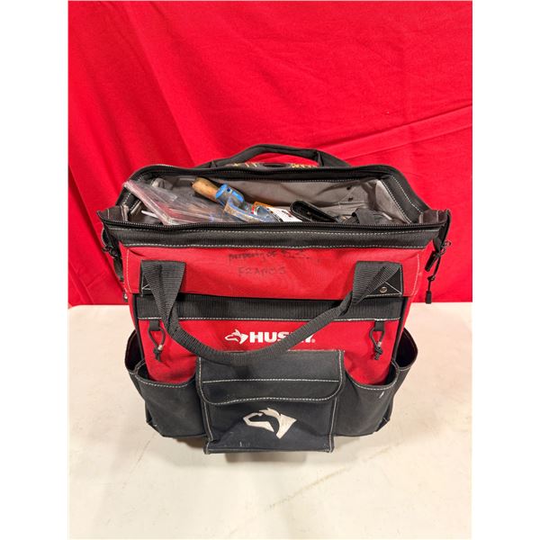 Bulk Tool Lot - Huskey Tool Bag w/ Screwdrivers, Crowbar, Empty Oil Tin, Staples & More