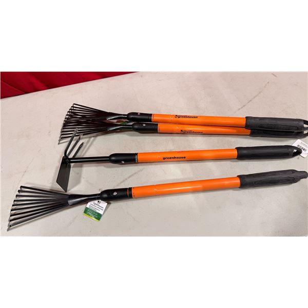 Holland Greenhouse Lot - Three Telescopic Shrub Rakes & Telescopic Culti-Hoe