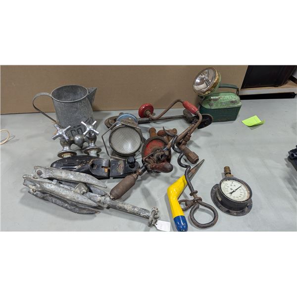 VTG Hand Drills, Lantern, Pressure Gauge & Assorted Tools