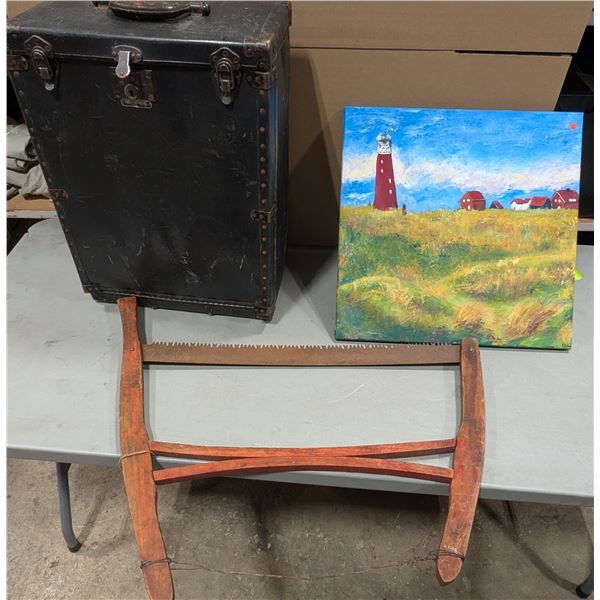 VTG Fibre Products Mfg. Co. Case, Wooden Buck Saw & Lighthouse Painting