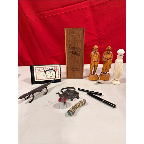VTG Alberta Springs Whisky Box, Carved Figures, Metal Decor & More