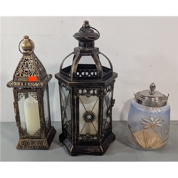 Ornate Metal Lanterns w/ Floral Glass Lidded Jar