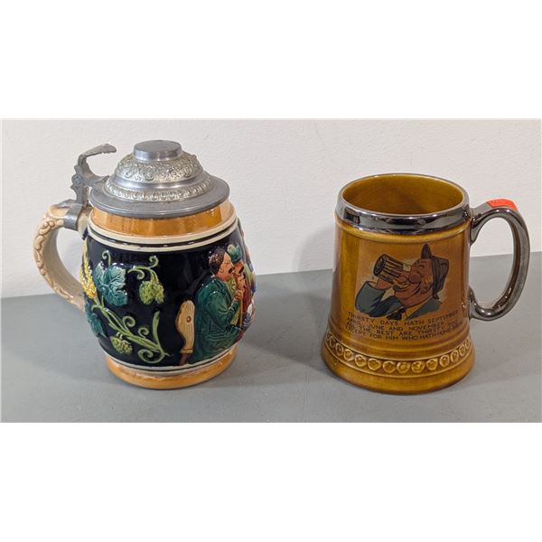 VTG Ceramic Beer Mugs - Relief Stein w/ Pewter Lid & Novelty Tankard