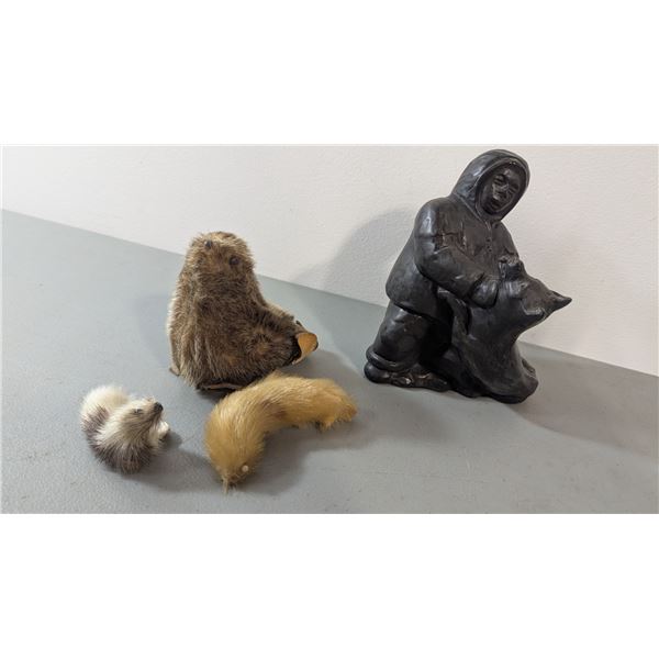Arctic Hunter Sculpture w/ Real-Fur Animal Figurines
