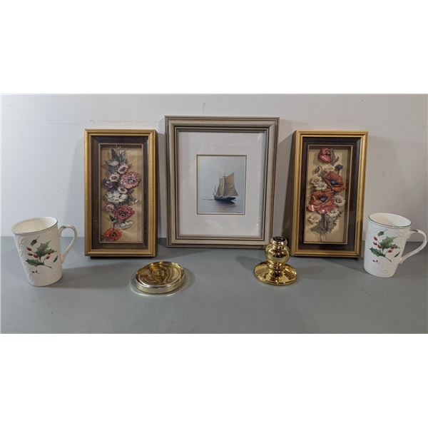 VTG Ted Stuckless The Banker Print, Floral Art, Holly Mugs & Brass Decor