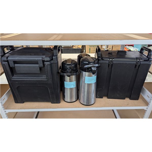 Two Stainless Steel Airpots w/ Two Commercial Insulated Catering Carriers