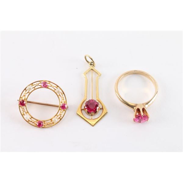 Antique Lady's Pink Sapphire & Pendant Brooch Set