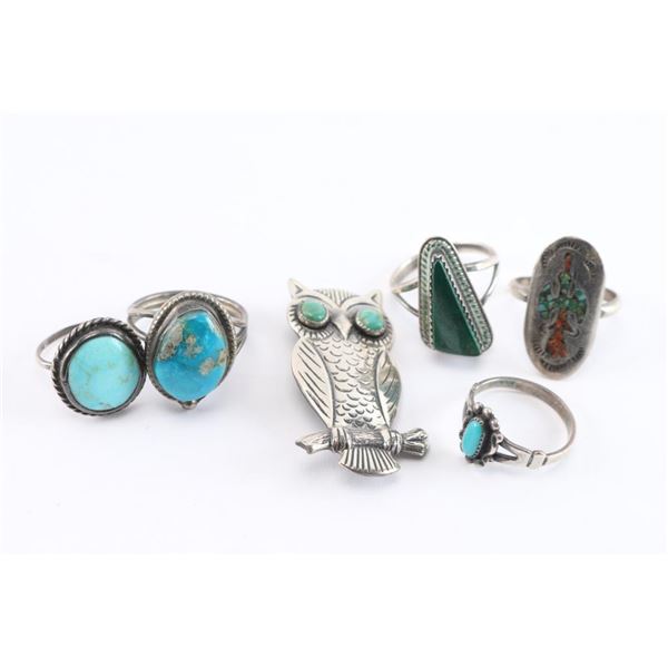 Lot of 5 Navajo Rings & Owl Broach