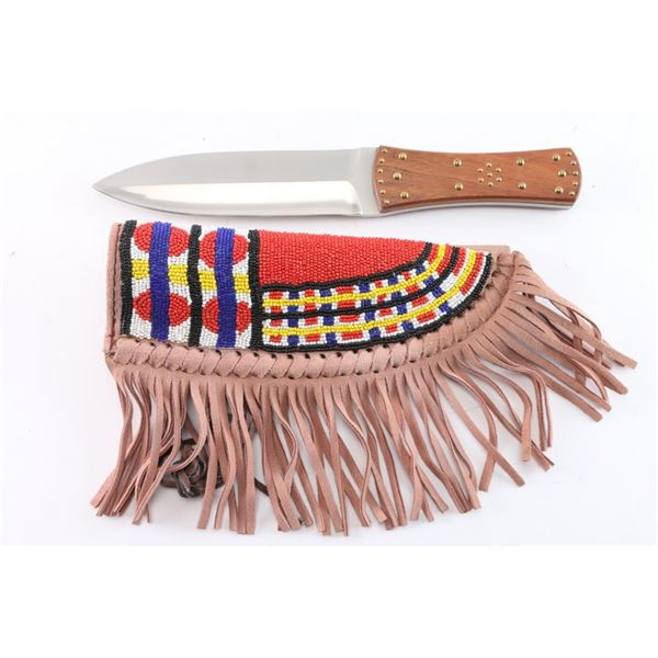 Double Edge Knife w/ Beaded & Fringed Scabbard
