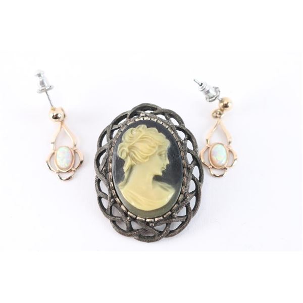 Cameo Pin and Opal Earrings