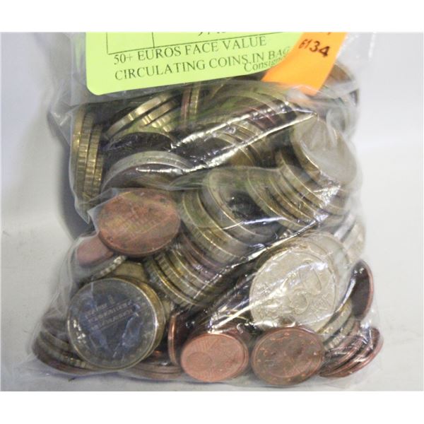 50+ EUROS FACE VALUE CIRCULATING COINS IN BAG