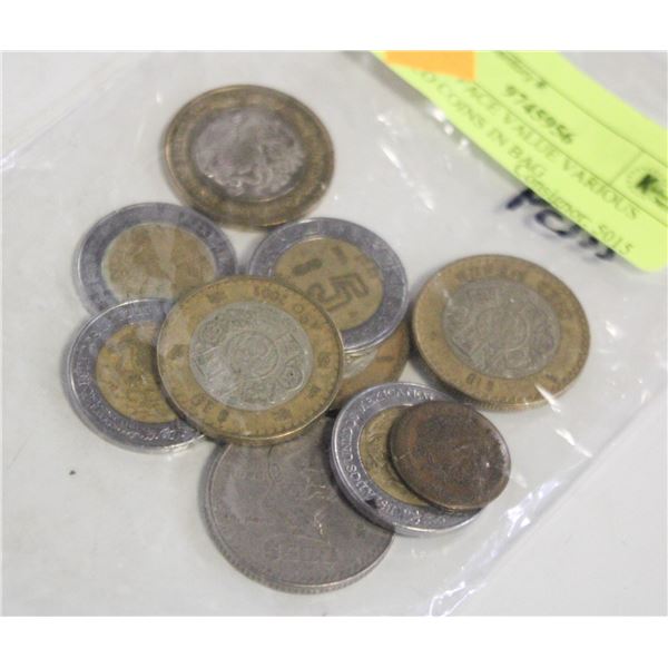 60 PESOS FACE VALUE VARIOUS MEXICO COINS IN BAG