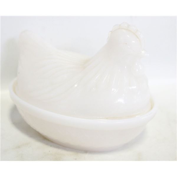 FENTON MILK GLASS LIDDED CHICKEN DISH