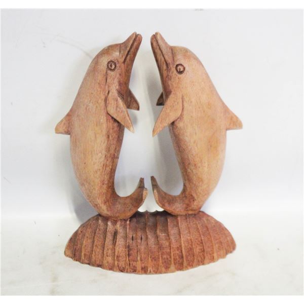 HAND CARVED WOODEN TWO DOLPHIN SCULPRUE, TAIL