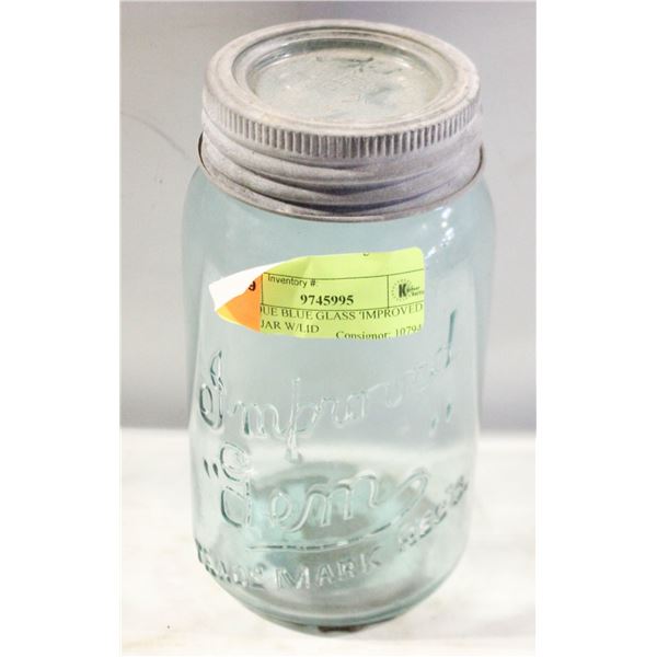 ANTIQUE BLUE GLASS 'IMPROVED GEM" JAR W/LID