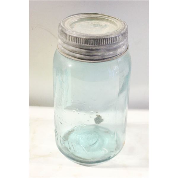 ANTIQUE BLUE GLASS 'IMPROVED CROWN" JAR W/LID