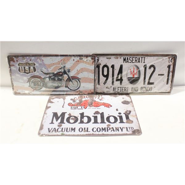 3 SEALED METAL NOVELTY VEHICLE PLATES + WALL SIGN