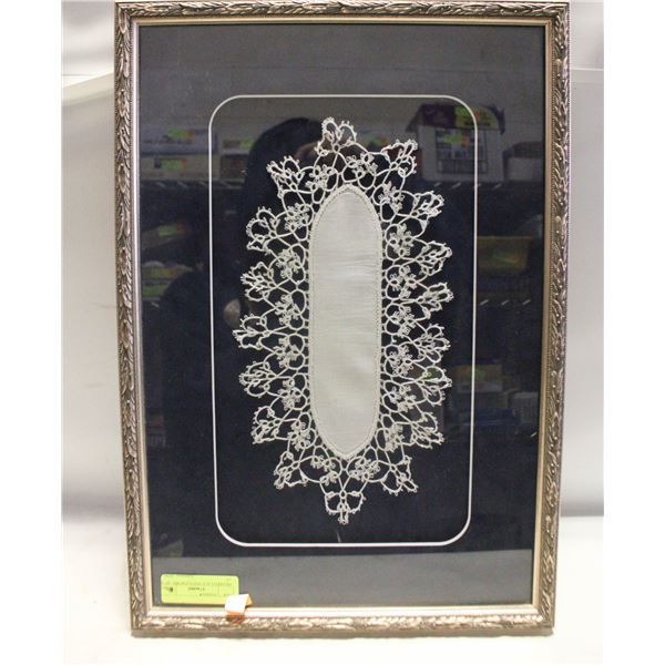 FRAMED LACE NEEDLEWORK- 20" X 14"