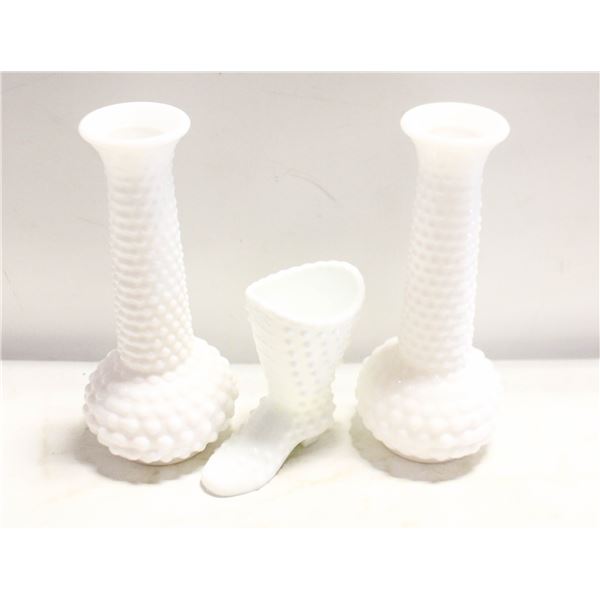 FENTON HOBNAIL MILK GLASS VASES- ASST.