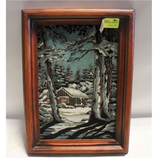 VINTAGE WINTER SCENE CABIN IN WOODS VELVET