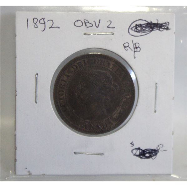 1892 OBV 2 CANADA LARGE 1 CENT COIN