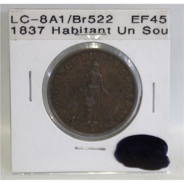 1837 HABITANT UN SOU 1/2 PENNY TOKEN