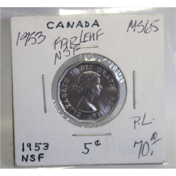 1953 NSF FAR LEAF CANADA 5 CENTS COIN