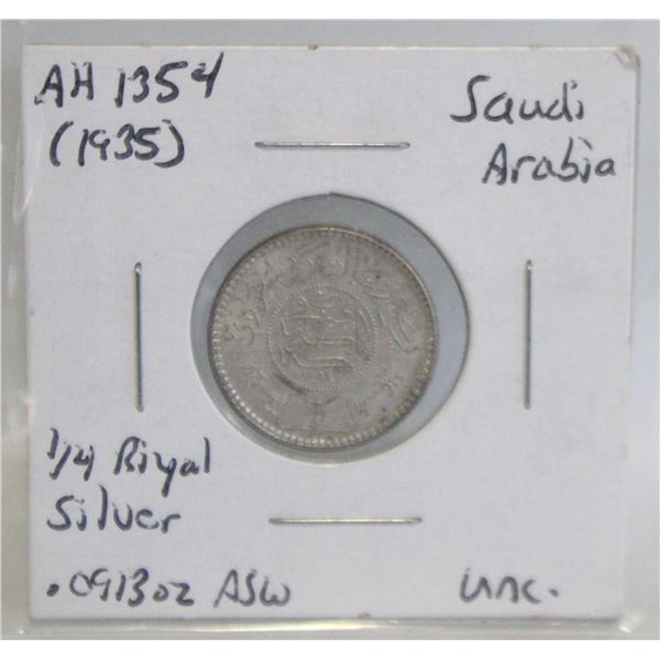 1354 AH (1935) SILVER SAUDI ARABIA 1/4 RIYAL COIN