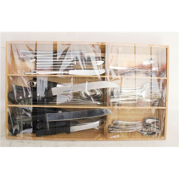 FLATWARE INCLD KNIVES, FONDUE FORKS & WOOD TRAY