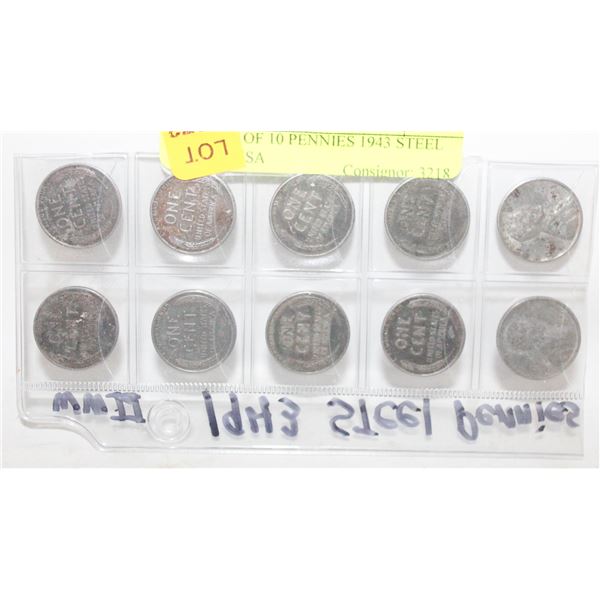 SHEET OF 10 PENNIES 1943 STEEL WWII USA